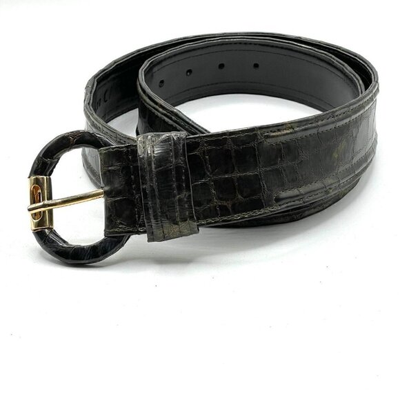 Carlisle Vintage Mock Crocodile Brown Leather Covered Buckle Wide Waist Belt LG - Picture 2 of 9